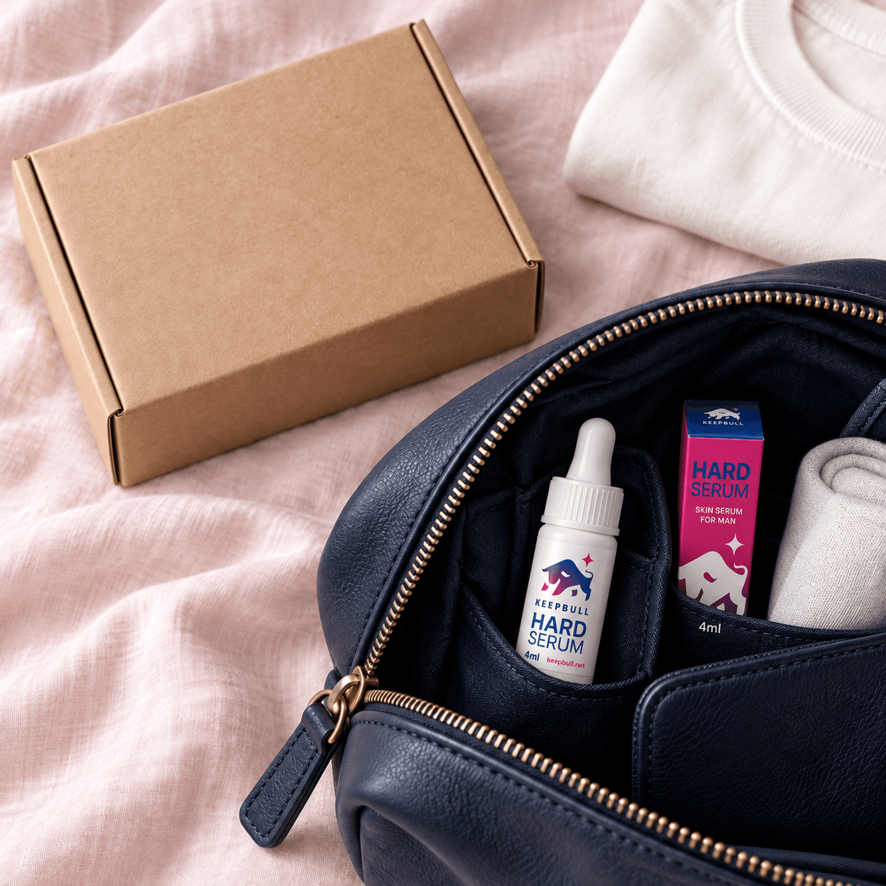 Keepbull in a toiletry bag beside a plain shipping box