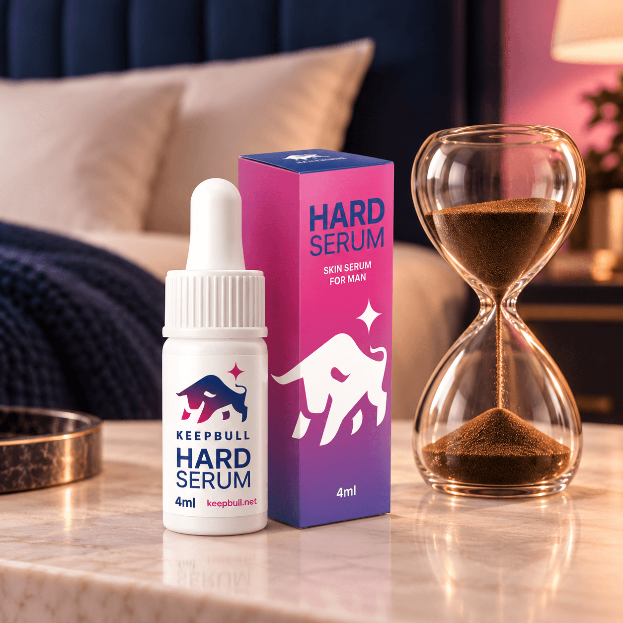 Keepbull bottle and box beside an hourglass on a bedside table