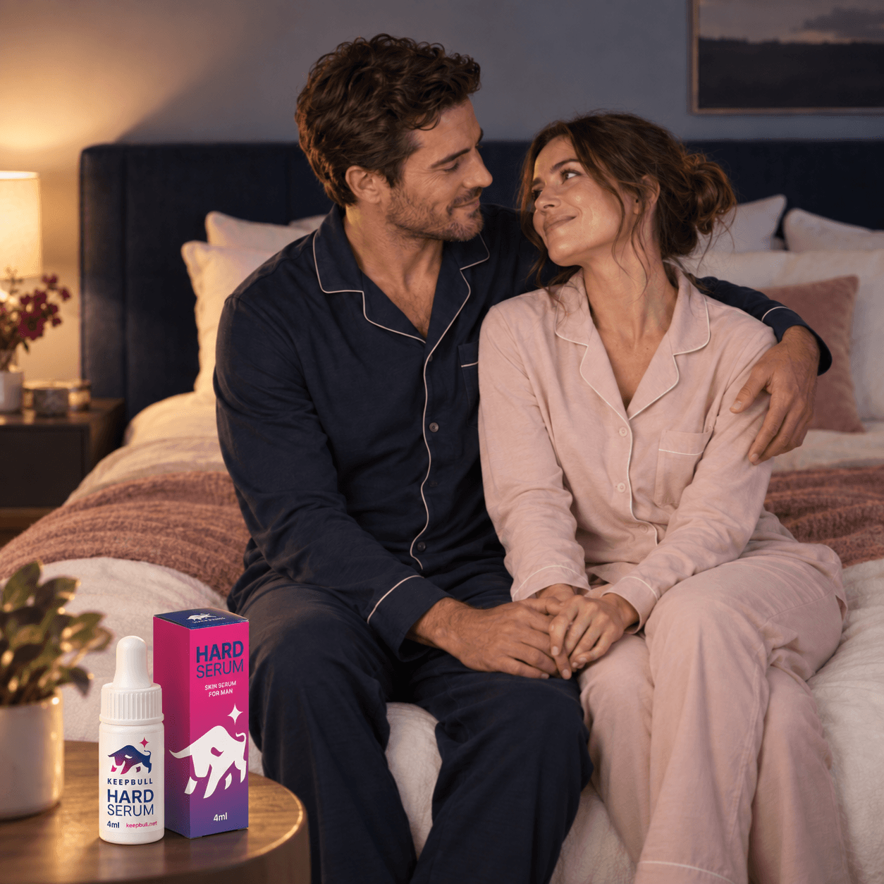 A couple relaxing together with Keepbull on their bedside table